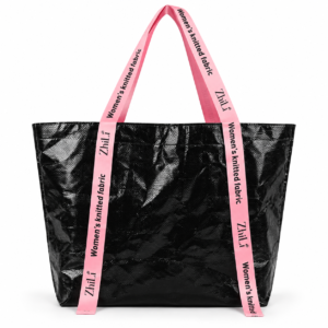 Glossy-Black-Tote-with-Pink-Printed-Straps