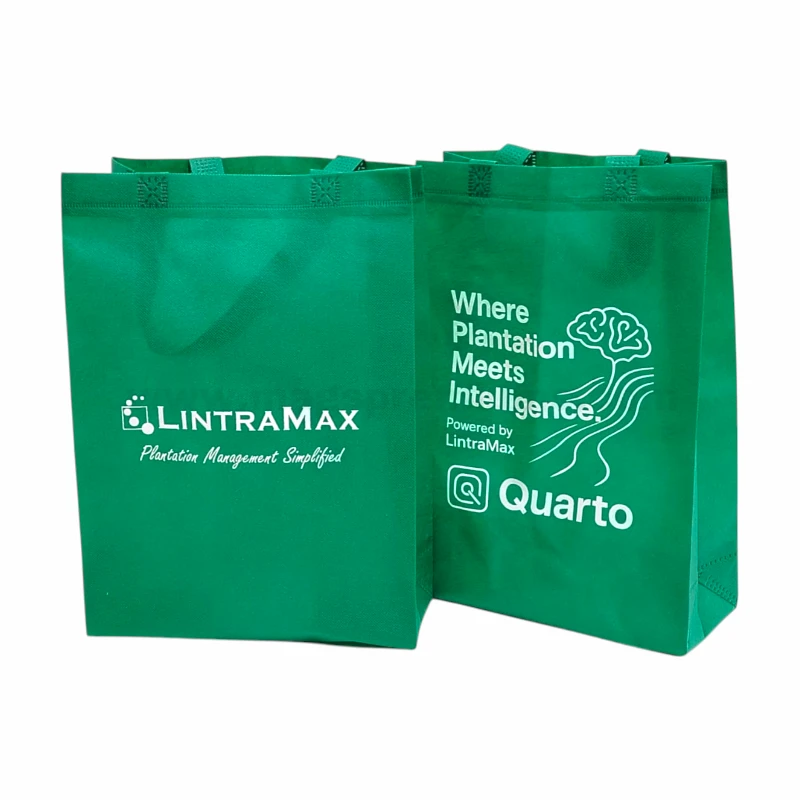 Non woven carry bag in green with Lintramax Quarto logo used at technology exhibitions and seminars