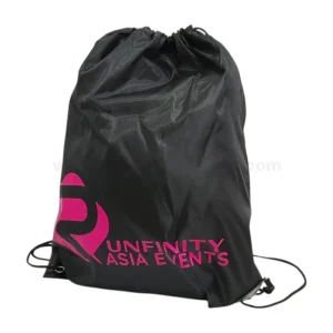 black drawstring bag printed with Unfinity Asia Events logo for corporate events
