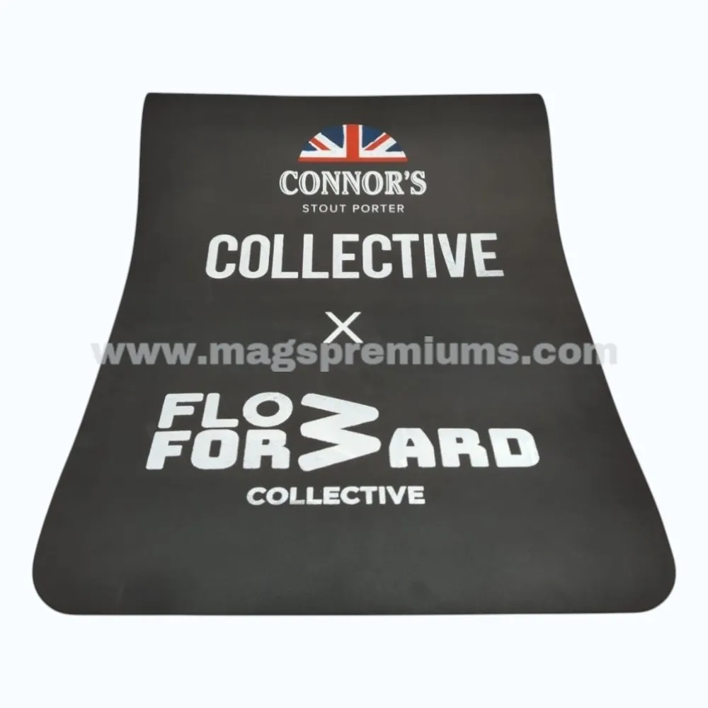 Custom yoga mat with printed logo and branding, non-slip fitness mat for yoga, Pilates, stretching, gym workouts, wellness programs, corporate gifts, and promotional fitness events.