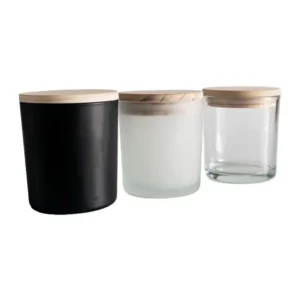 black frosted and clear glass candle jars with wooden lids for custom branding and corporate gifts