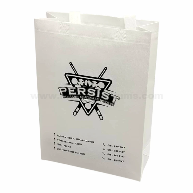 Non woven carry bag customised for sports club branding with black logo on white fabric