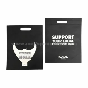Custom non woven flat bag with die-cut handle design and white logo printing on black fabric, suitable for retail packaging, exhibitions, events, corporate giveaways, and promotional branding.