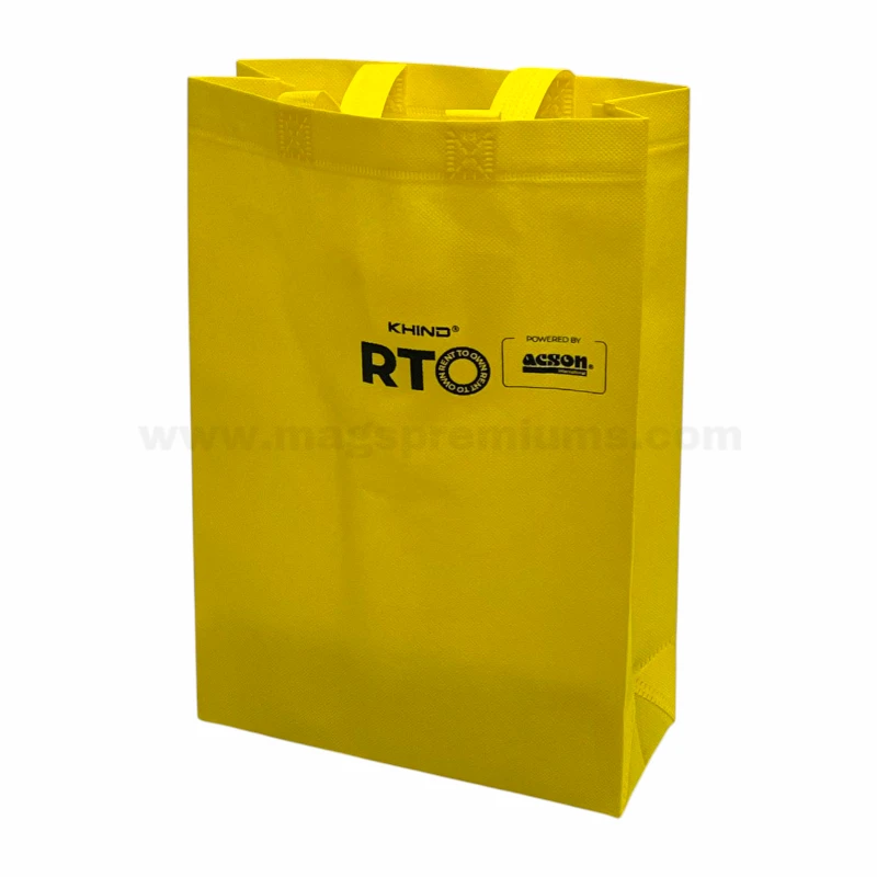 Bright yellow eco friendly non woven bag featuring Khind RTO branding for marketing and product events