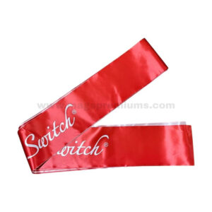 Red grand opening ribbon with custom white logo printing on glossy satin material, designed for ribbon cutting ceremonies, official openings, store launches, and corporate events.