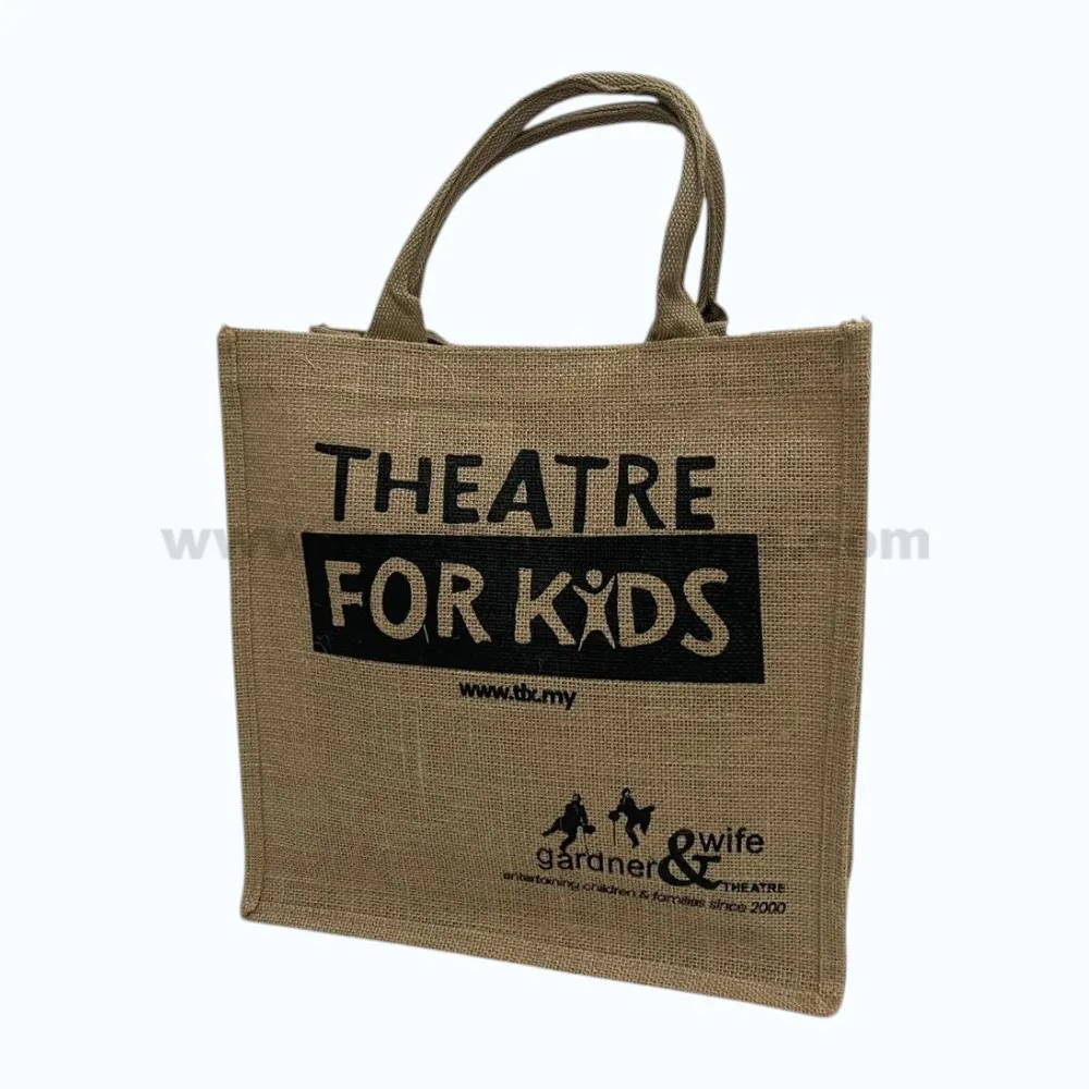 Custom jute bag with laminated finish and printed logo design, eco-friendly reusable tote bag suitable for corporate gifts, retail packaging, promotional events, and sustainable branding campaigns.