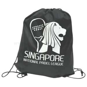 personalised black drawstring backpack featuring padel racket and lion emblem