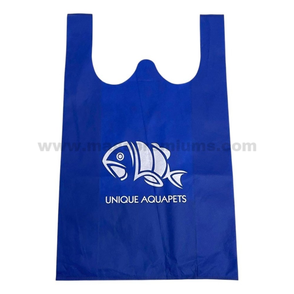 Blue non woven singlet bag with custom logo printing, reusable shopping bag for retail stores, supermarkets, promotional giveaways, corporate branding, exhibitions, and eco-friendly packaging.