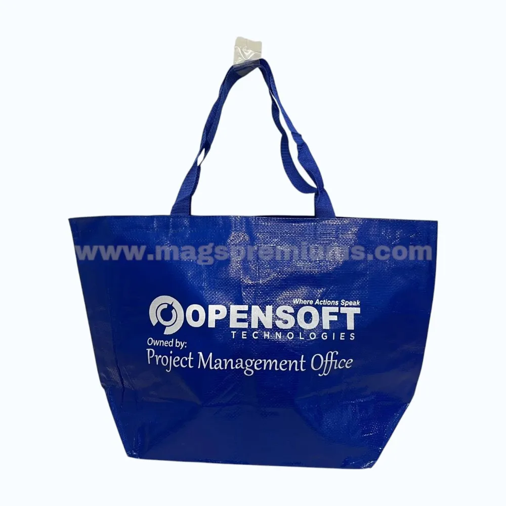 Blue laminated PP woven bag with custom logo printing and carry handles for promotional packaging and corporate giveaways.