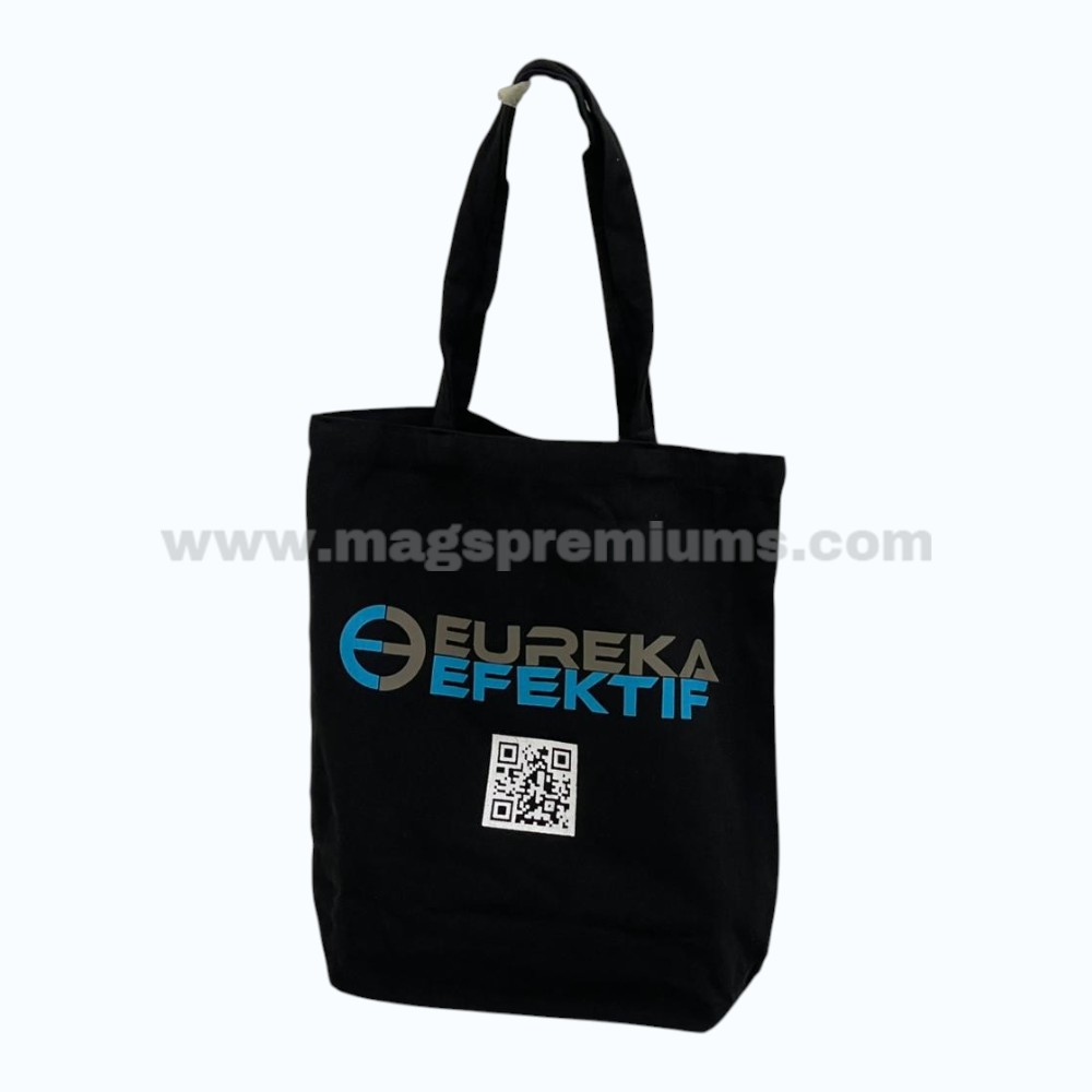 Black cotton canvas tote bag with custom logo printing and QR code design, ideal for corporate gifts, promotional events, retail packaging, and eco-friendly branding.