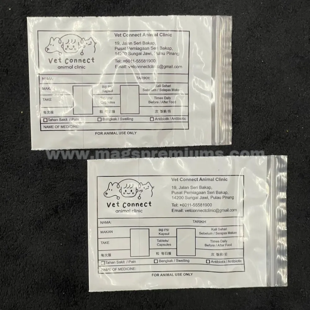 Medicine Ziplock bag with custom clinic branding and printed prescription information, transparent resealable packaging suitable for pharmacies, veterinary clinics, healthcare providers, and medication storage.