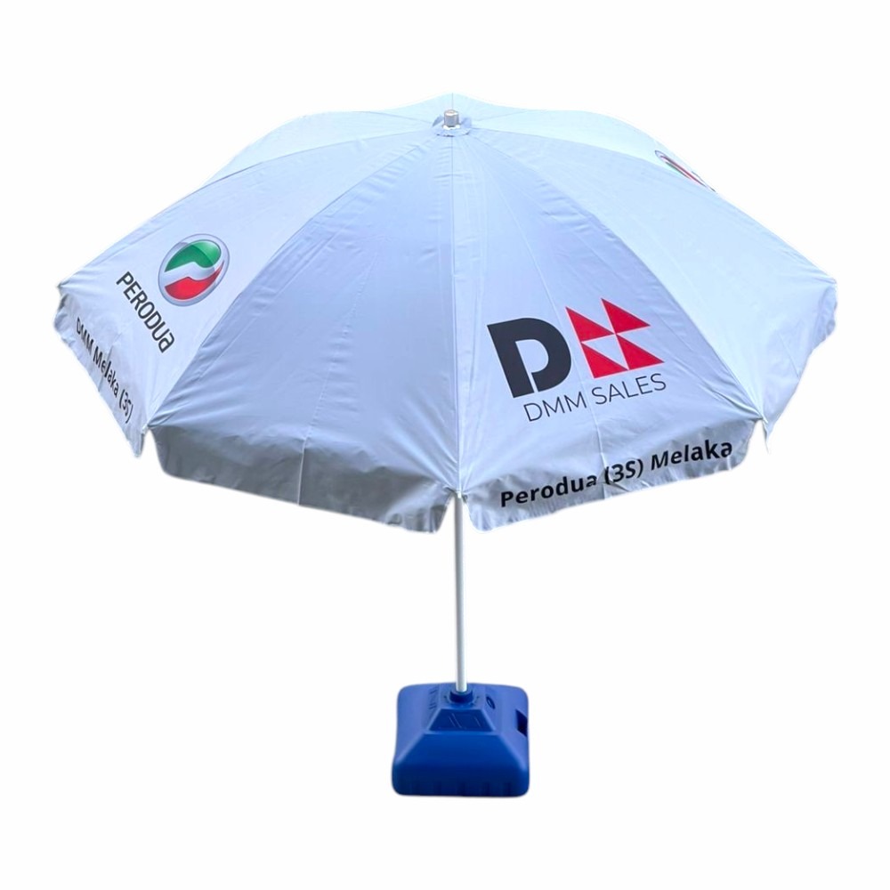 Custom parasol umbrella with full-color logo printing on a white canopy, featuring a sturdy center pole and weighted base, suitable for outdoor events, beach promotions, roadshows, and commercial branding.