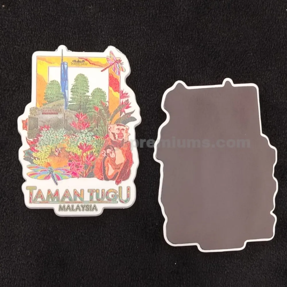 Custom printed fridge magnet in a unique die-cut shape featuring Taman Tugu Malaysia artwork, with a magnetic backing for souvenirs, tourism promotions, gifts, and branding campaigns.