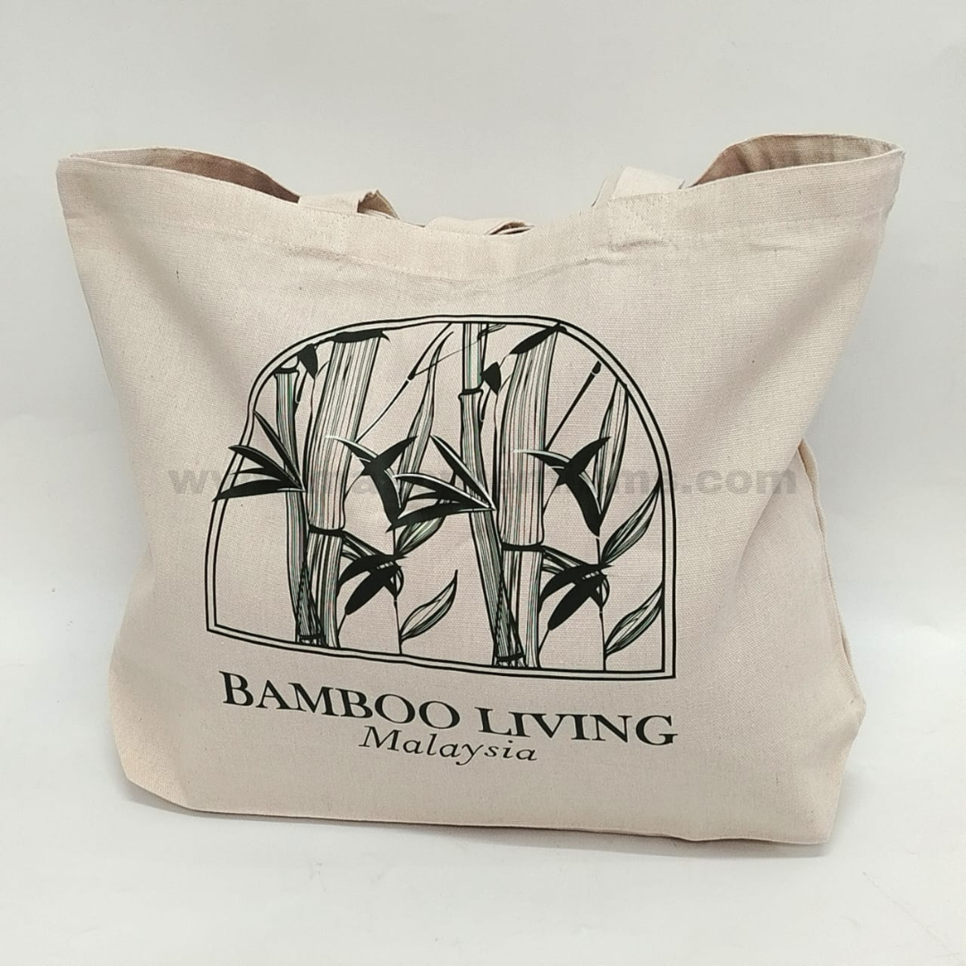 10oz eco tote bag in natural canvas fabric with Bamboo Living Malaysia logo and bamboo artwork printed on the front.