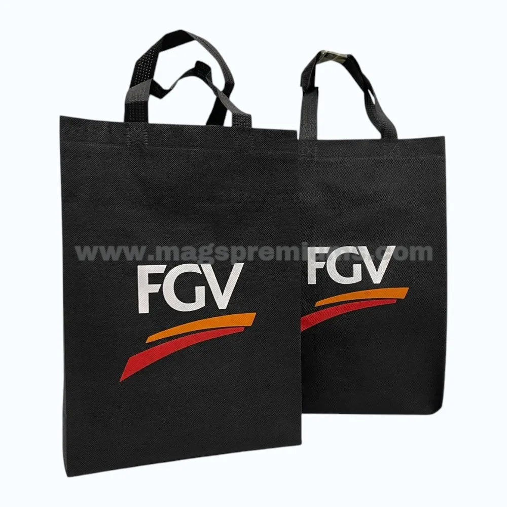 Black non woven bag with custom FGV logo printing and carry handles for promotional events, retail packaging, and corporate giveaways.