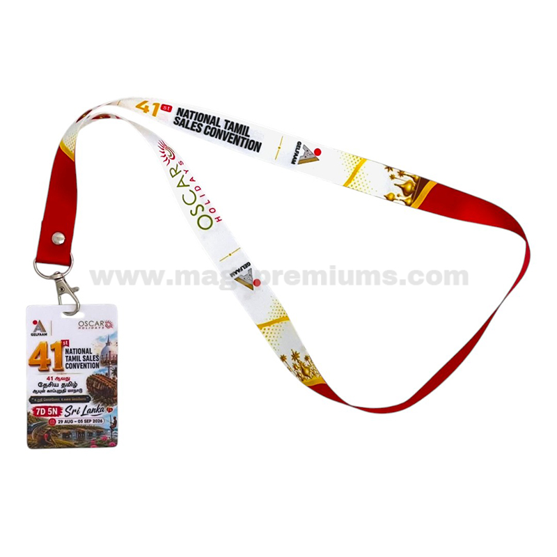 Full colour custom lanyard with PVC ID card holder for conferences, exhibitions and staff identification.