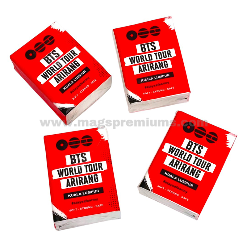 Personalised travel tissue pack with custom printed wrapper for marketing giveaways and brand promotion.