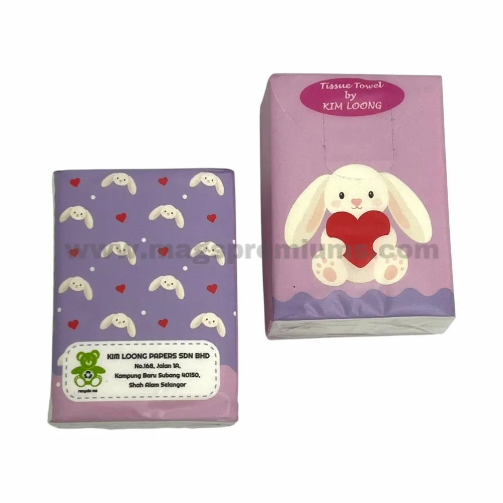 Custom plastic pocket tissue pack with cute rabbit illustration and full-color printed wrapper, designed for promotional giveaways, branding campaigns, retail packaging, and corporate marketing.