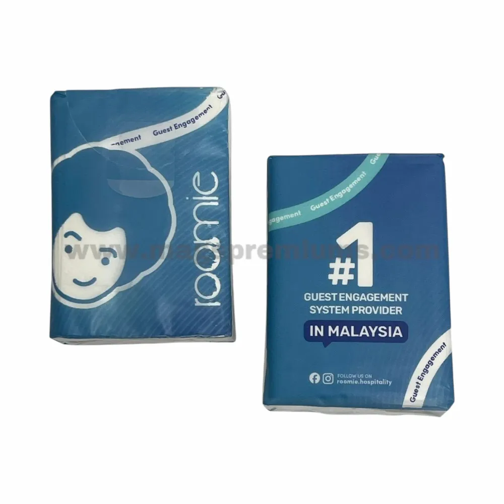Custom plastic pocket tissue pack with full-color printed wrapper, featuring promotional branding and advertising design, ideal for corporate giveaways, events, hotels, and marketing campaigns.