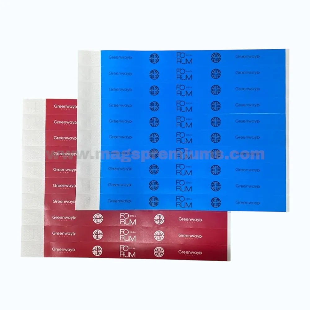 Custom paper wristbands in blue and red colors with printed event branding for admission control and attendee identification.