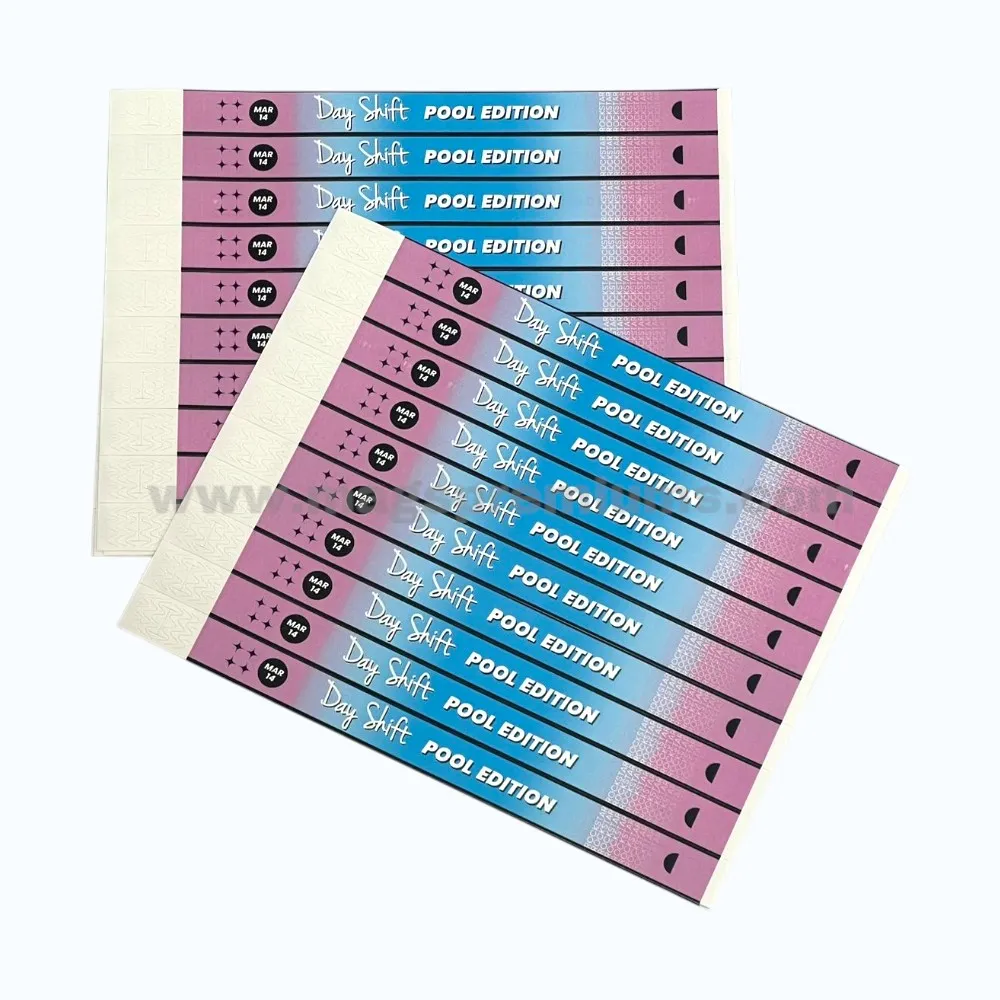 Custom paper wristbands with colorful pool party design and event branding for guest identification, admission control, and event management.