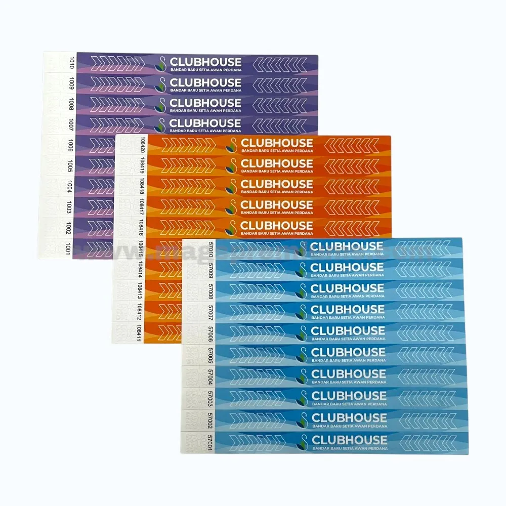 Custom paper wristbands in blue, orange, and purple colors with printed clubhouse branding for event entry control, attendee identification, and access management.