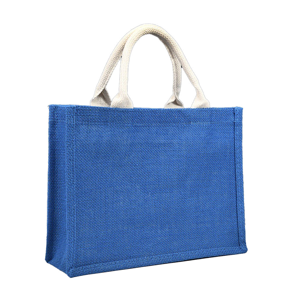Blue personalized jute bag with sturdy cotton handles for event giveaways and branding