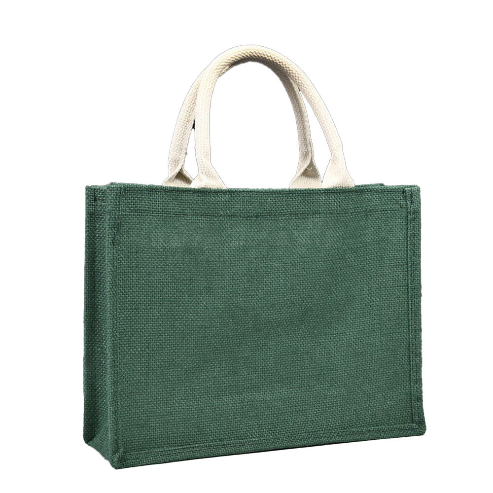 Green custom jute bag with cotton handles for eco-friendly promotional packaging
