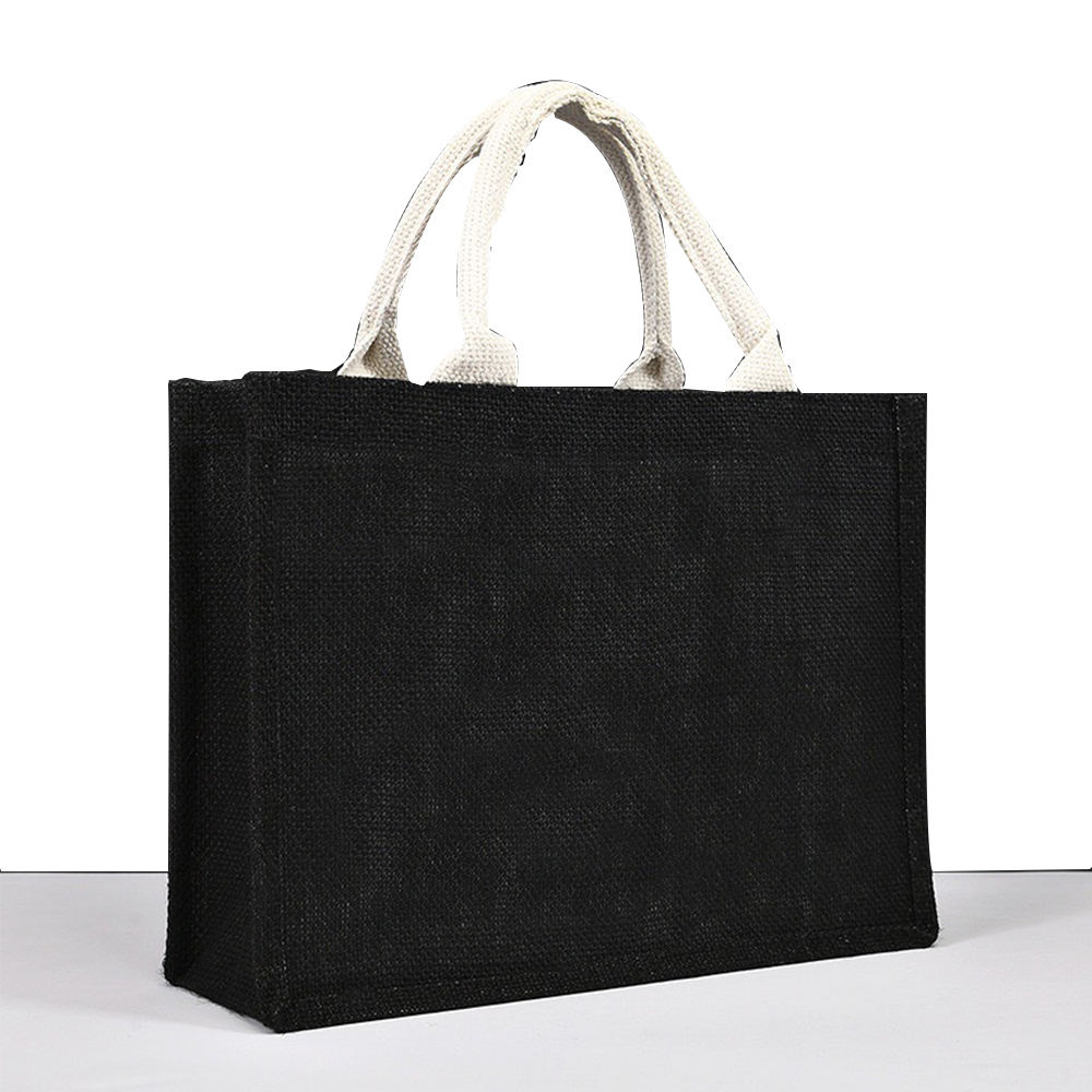 Black printed jute tote bag with durable handles for corporate gifts and shopping use