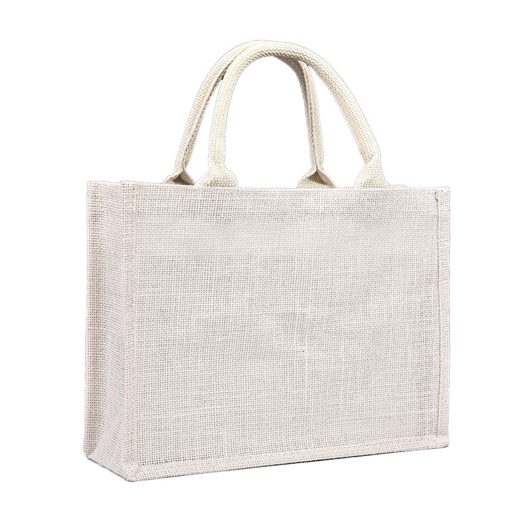 White eco friendly jute tote bag with reusable design for retail and promotional use