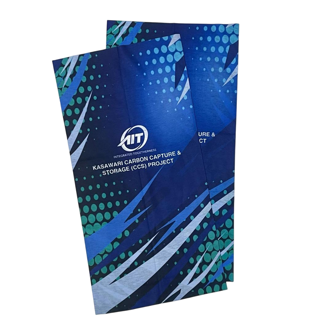 Two custom blue skull neck gaiters with full-colour abstract pattern and AIIT Kasawari Carbon Capture & Storage (CCS) Project logo printed on the front, displayed on a white background.