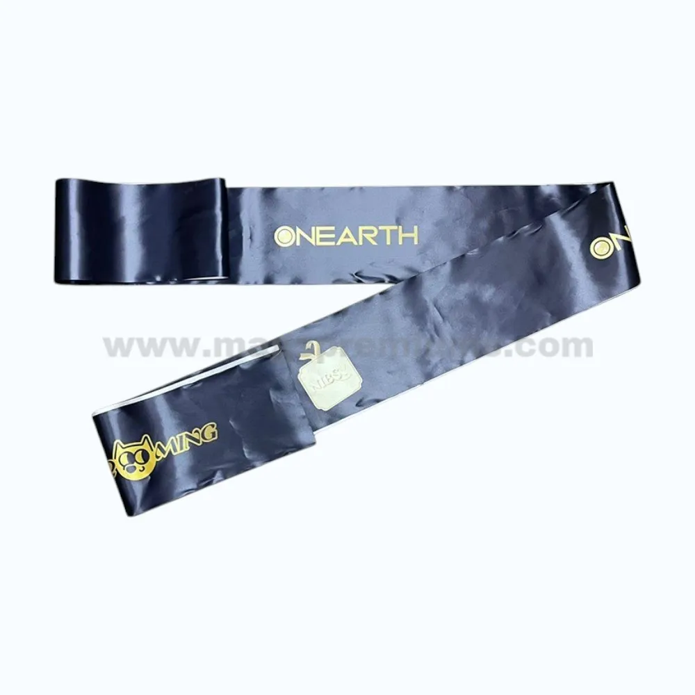 Black ribbon for opening ceremony with custom Exness logo printing, ideal for grand openings, corporate launches, ribbon-cutting events, and promotional ceremonies.