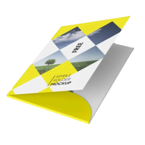 Full color paper folder printing with custom graphic design and inner pocket for presentation materials and corporate documents.