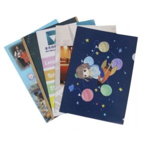 Custom plastic file folders with colorful printed artwork and branding, ideal for schools, businesses, events, and document protection.