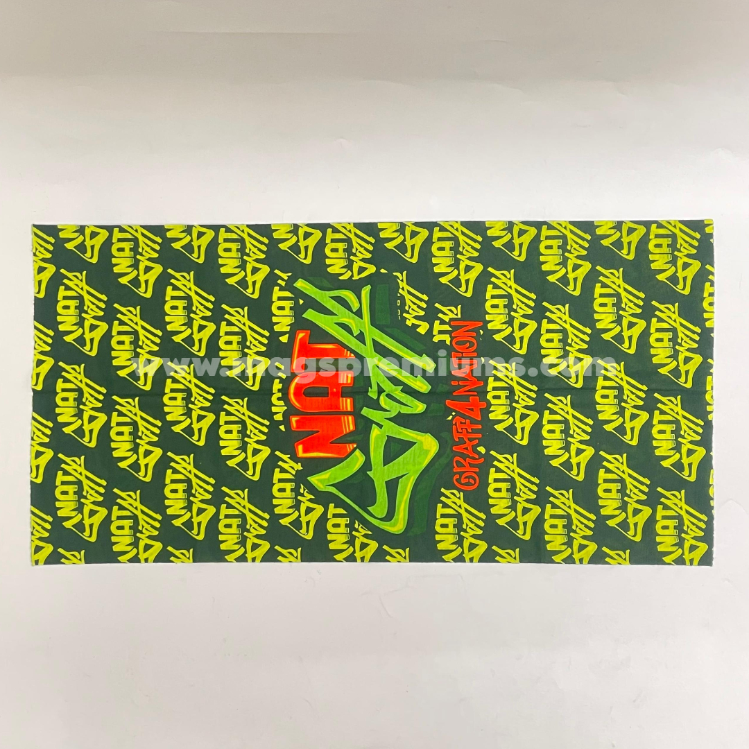 Custom yellow bandana with repeating red logo pattern and full-colour printed design.