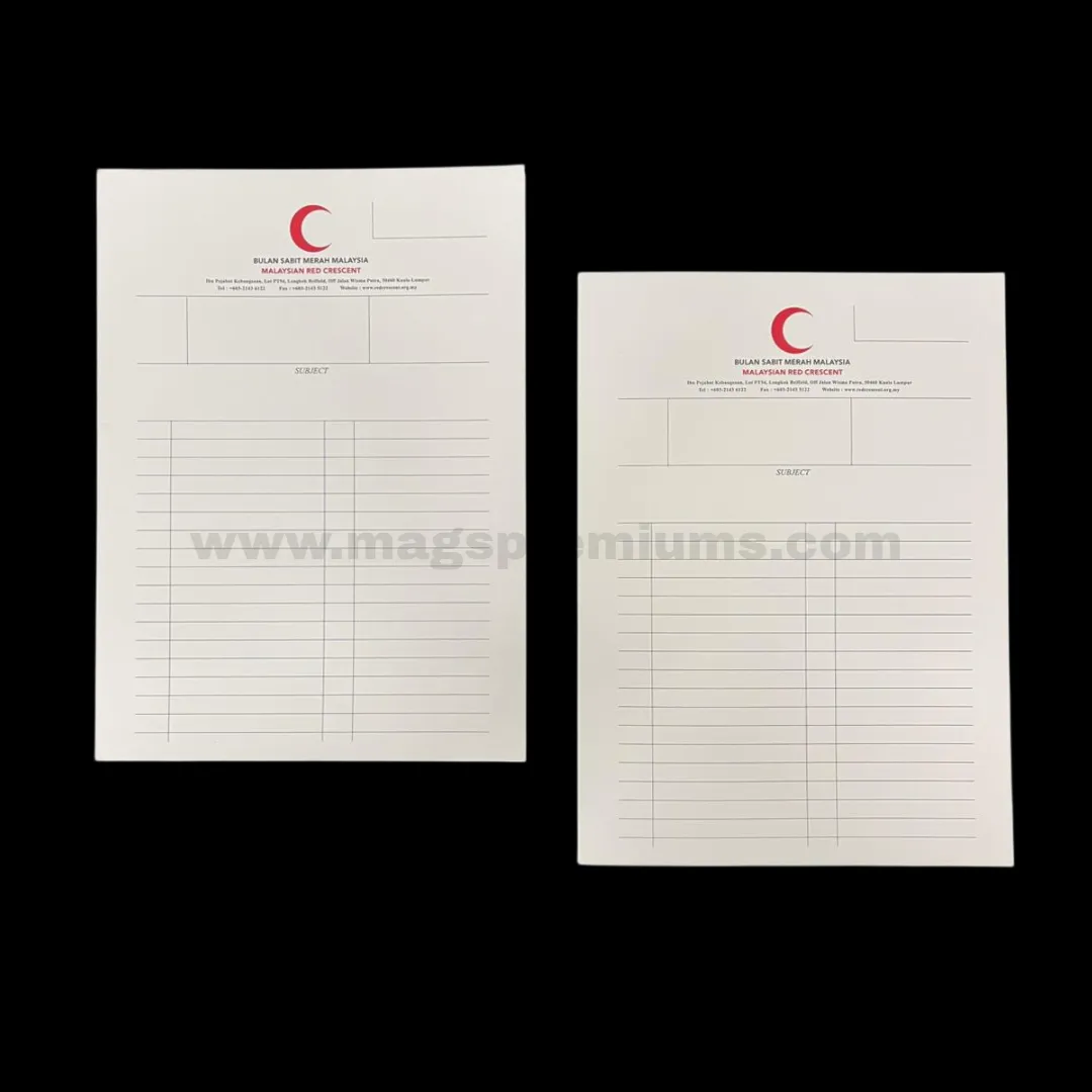 Custom corporate paper form printing with organization logo header and lined writing sections for official documentation.