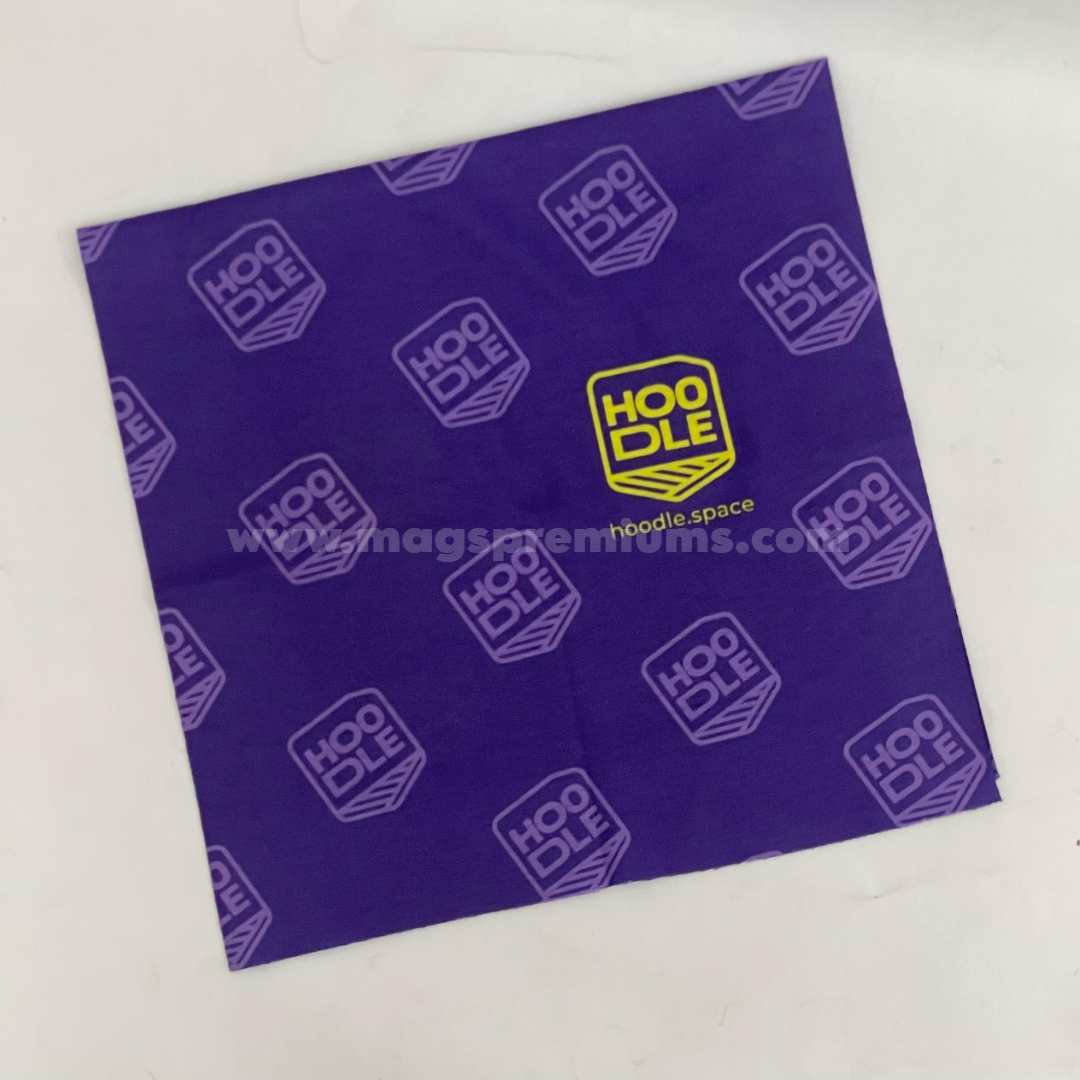 Custom purple bandana with yellow HOOQLE logo and repeating pattern printed across the fabric.