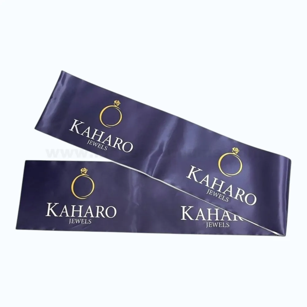 Custom printed satin ribbon for opening ceremony featuring KAHARO Jewels logo, suitable for grand openings, ribbon-cutting ceremonies, corporate launches, retail store inaugurations, branding events, and promotional celebrations.