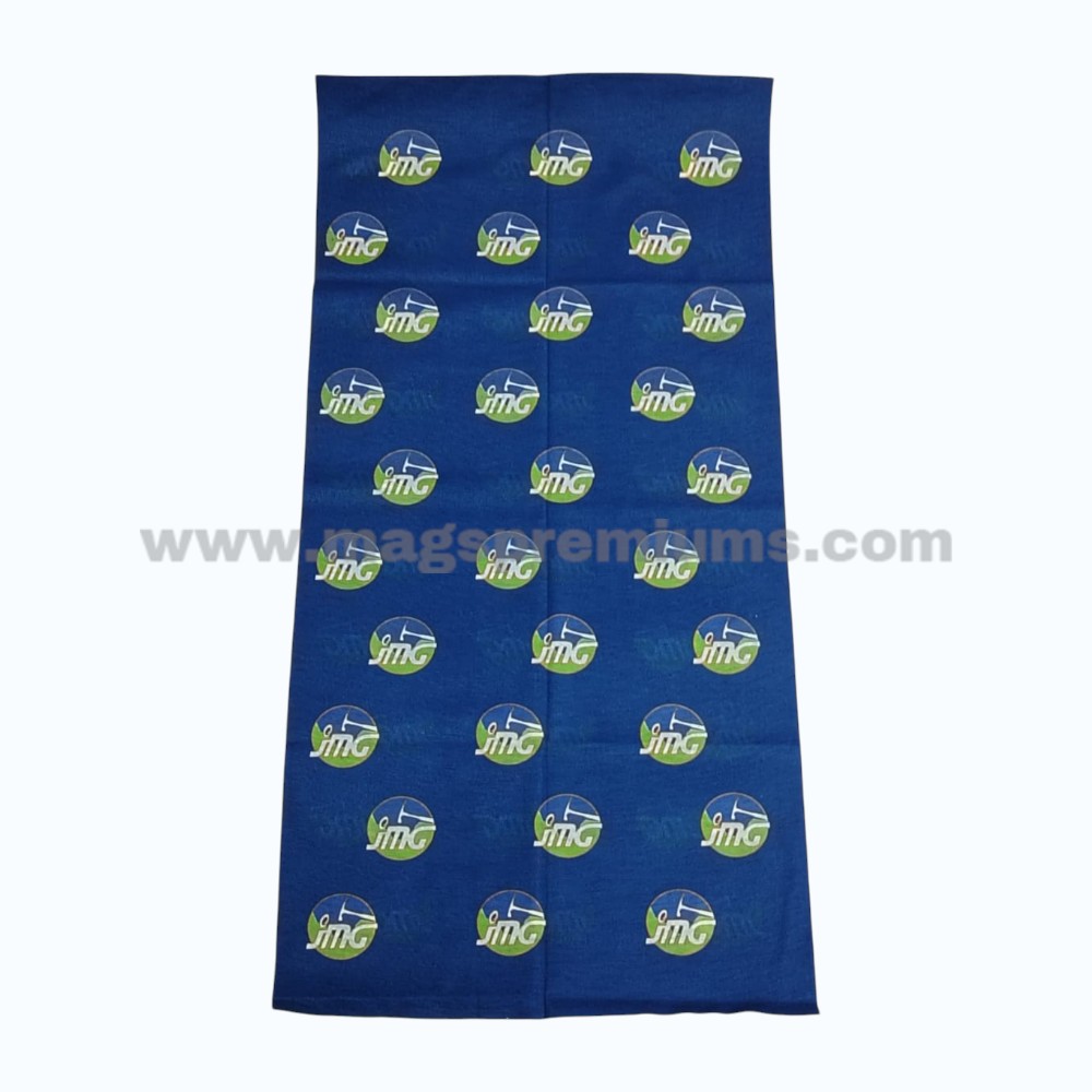 Blue custom neck gaiter featuring a repeating yellow icon pattern and full-colour sublimation print.