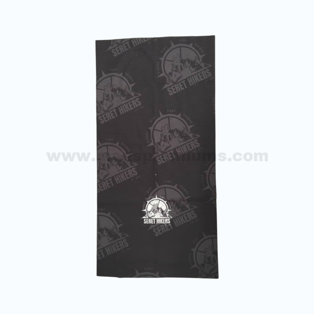 Black custom neck gaiter with grey camouflage-style pattern and full-colour printing.