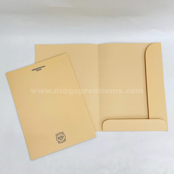 Custom paper folder printing with document holder pockets in light brown color for office filing and document organization.