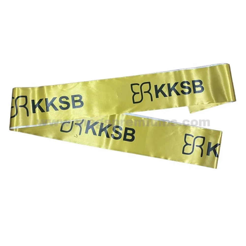 Gold satin ribbon with custom logo printing for opening ceremonies, grand launch events, corporate celebrations, and ribbon-cutting ceremonies.