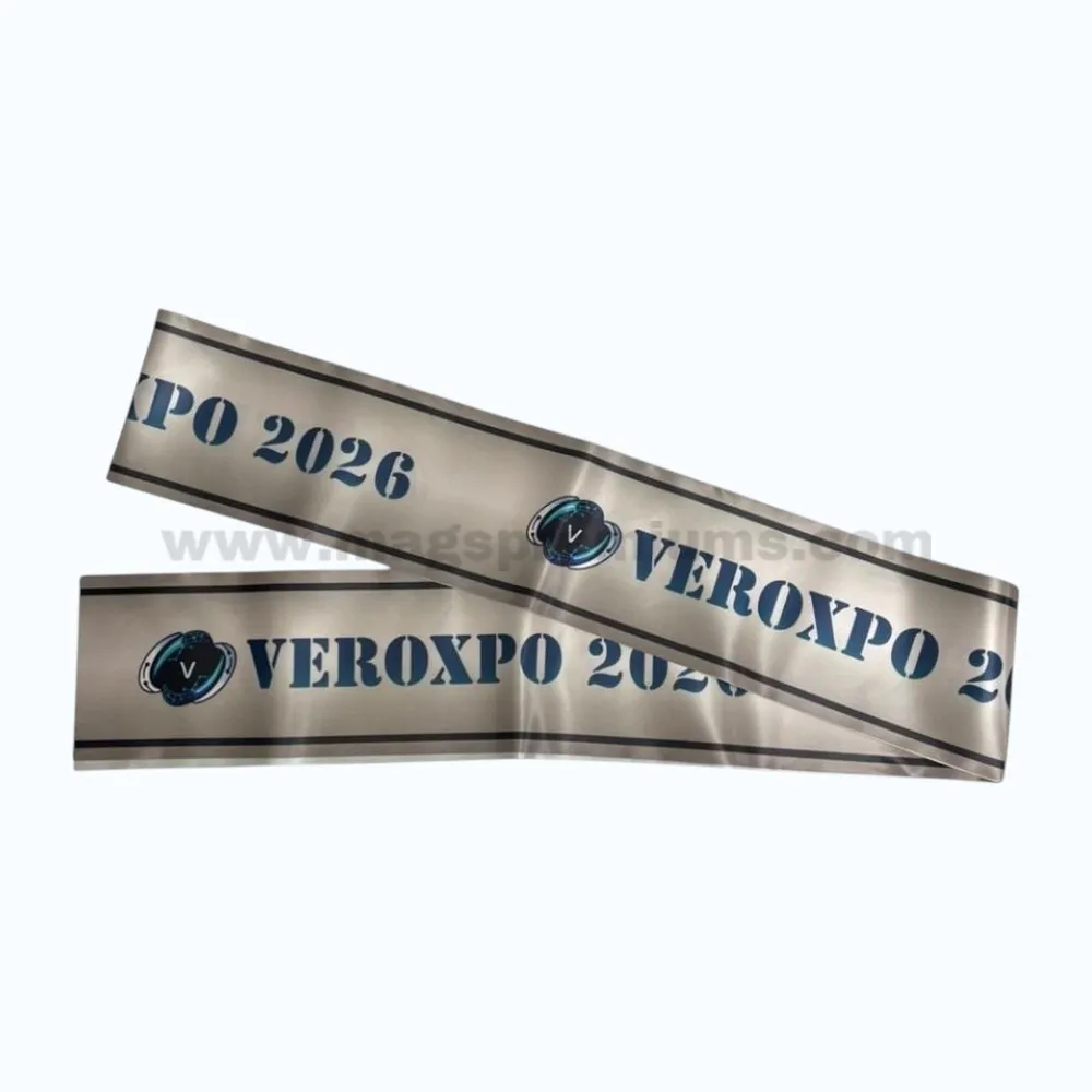 Silver satin ribbon for opening ceremony with custom logo and event branding, ideal for grand openings, corporate launches, exhibitions, official ceremonies, and promotional events.