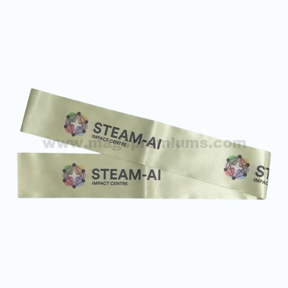 Personalized satin ribbon for opening ceremony with full-colour logo printing on gold ribbon, perfect for educational centres, corporate events, ribbon cutting ceremonies, and brand promotions.
