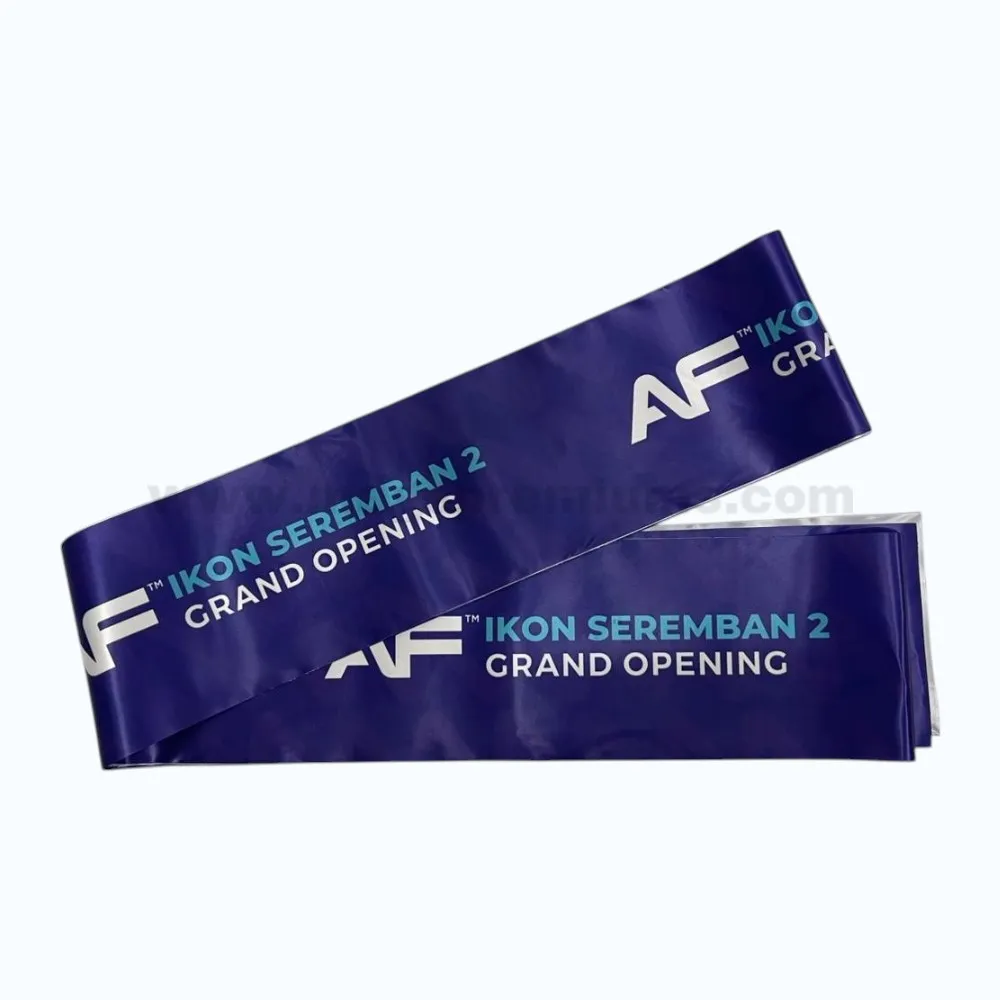 Blue ribbon for opening ceremony with AF Ikon Seremban 2 Grand Opening branding printed for corporate launch and ribbon-cutting events.