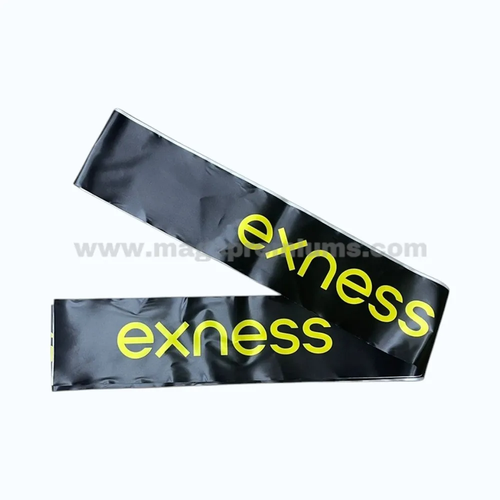 Custom printed opening ceremony ribbon with gold logo branding on black satin material, suitable for product launches, retail openings, and corporate event celebrations.