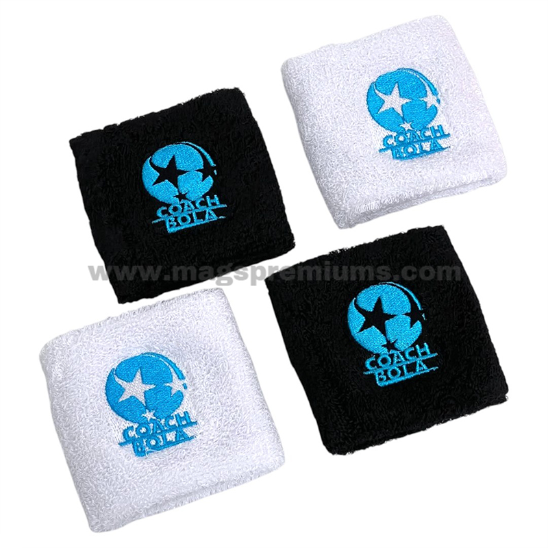 Embroidered sweat wristband with custom logo for sports teams, fitness activities and promotional merchandise.