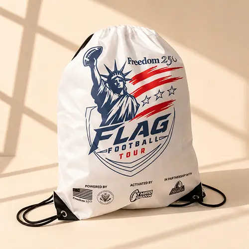 Custom drawstring backpack with logo printing for sports events, schools, promotional campaigns and corporate giveaways.