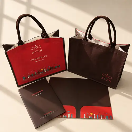 Custom non-woven conference bag and document folder with logo printing for corporate branding, promotional events, seminars and business giveaways in Malaysia.