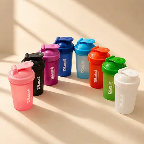 Custom shaker bottles with logo printing for gyms, fitness brands, sports events and promotional merchandise.